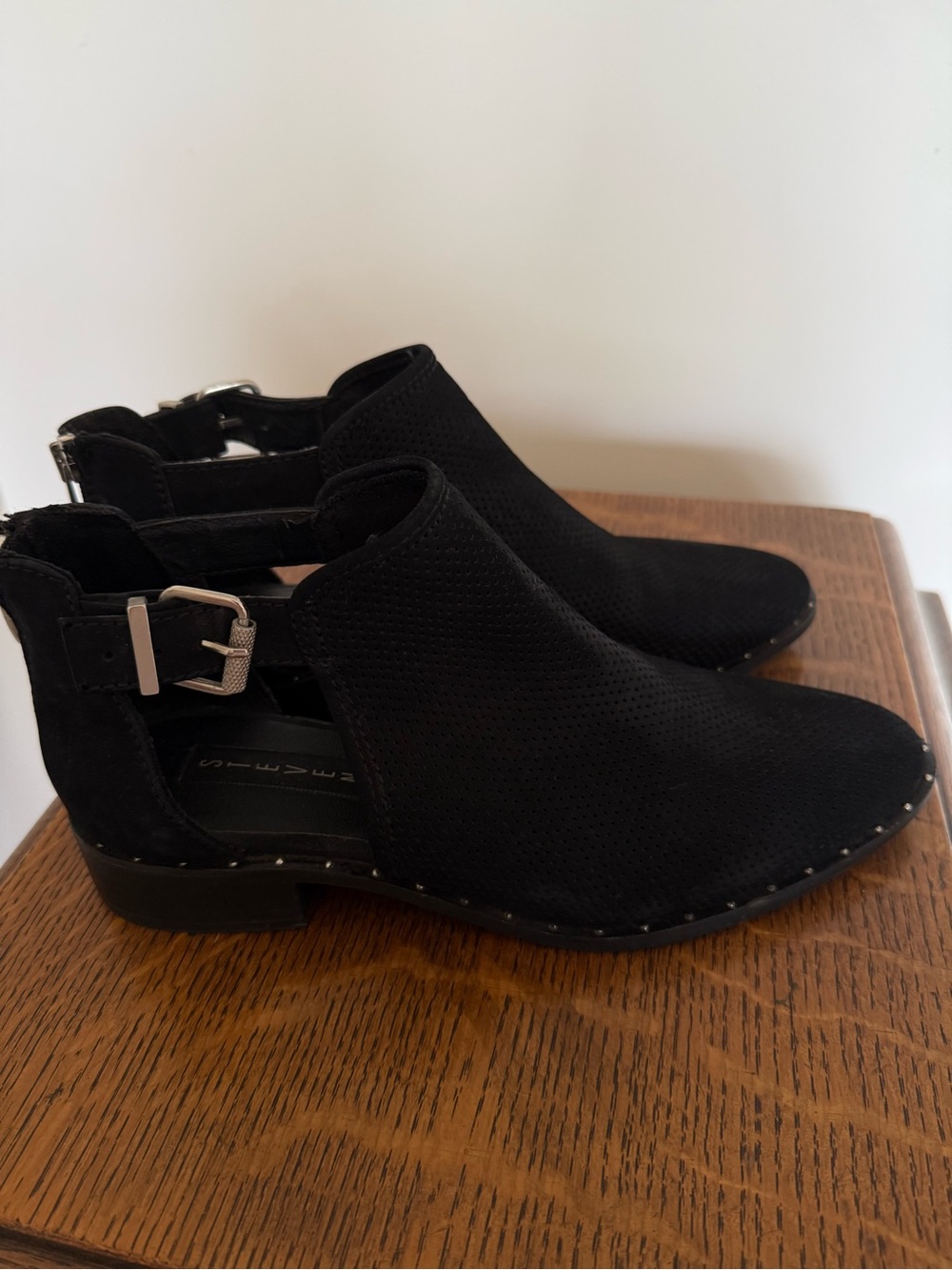 Black Cutout Suede Ankle Boots with Buckle